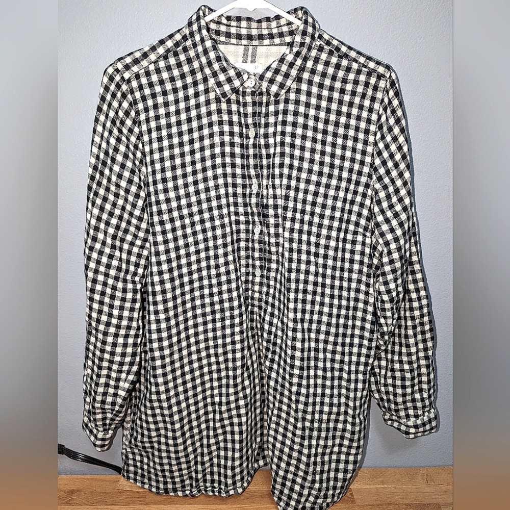EUC J.Jill Black Cream Gingham plaid V Neck Collared Popover Tunic Pockets XL